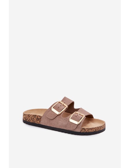 Women's Slippers Made Of Eco Suede Golden Buckles Dark Beige Vorella