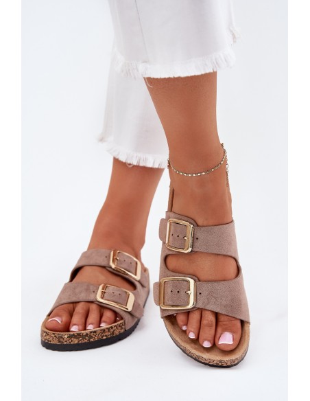 Women's Slippers Made Of Eco Suede Golden Buckles Dark Beige Vorella