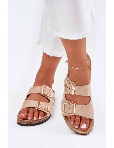 Women's Slippers Made Of Eco Suede Golden Buckles Beige Vorella
