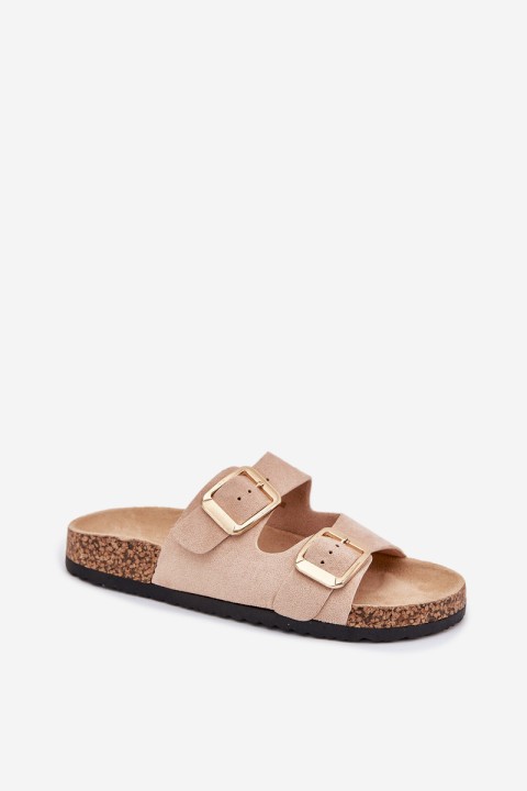 Women's Slippers Made Of Eco Suede Golden Buckles Beige Vorella
