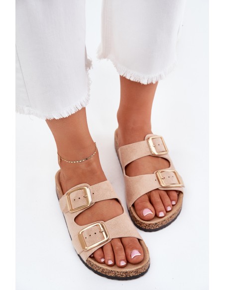 Women's Slippers Made Of Eco Suede Golden Buckles Beige Vorella
