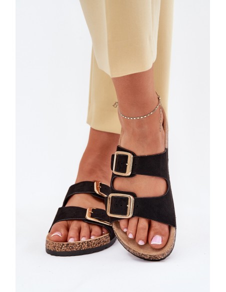 Women Slippers From Eco Suede Golden Buckles Black Vorella