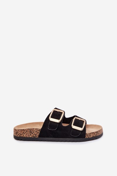 Women Slippers From Eco Suede Golden Buckles Black Vorella 2