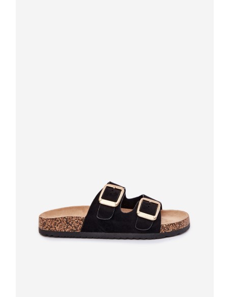 Women Slippers From Eco Suede Golden Buckles Black Vorella