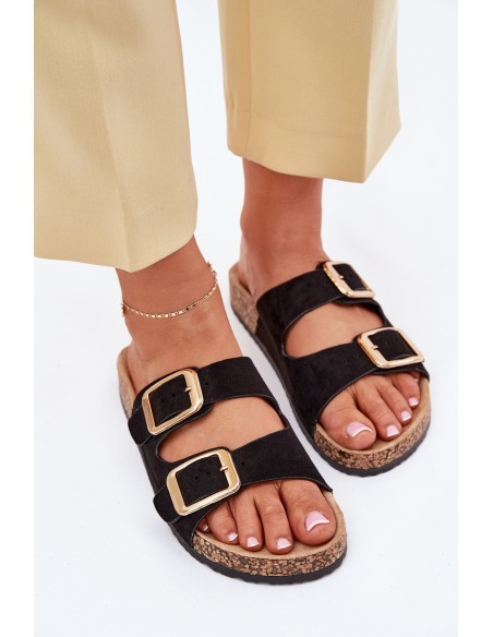 Women Slippers From Eco Suede Golden Buckles Black Vorella