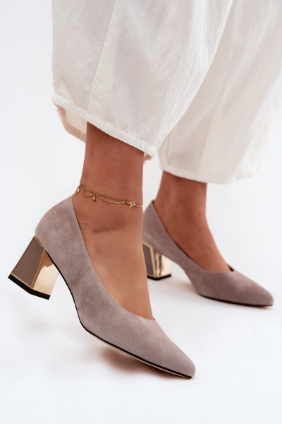 Vinceza Beige Suede Leather Block Heel Pumps