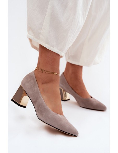 Vinceza Beige Suede Leather Block Heel Pumps