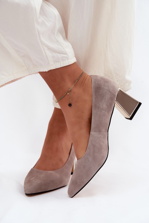 Vinceza Beige Suede Leather Block Heel Pumps