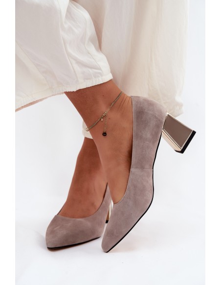 Vinceza Beige Suede Leather Block Heel Pumps