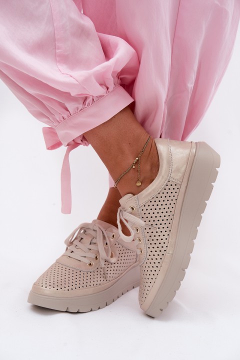 Leather Perforated Women's Shoes Vinceza 79629 Gold