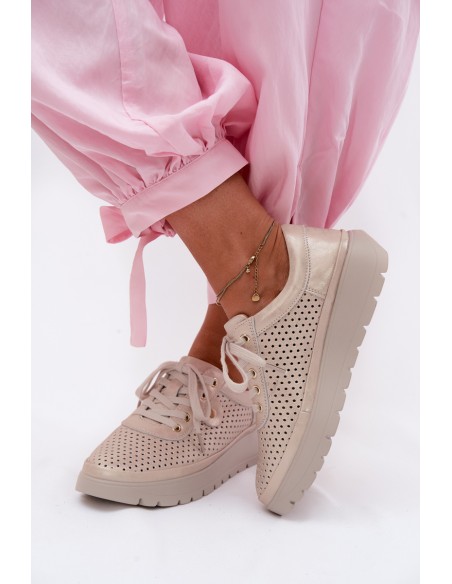 Leather Perforated Women's Shoes Vinceza 79629 Gold