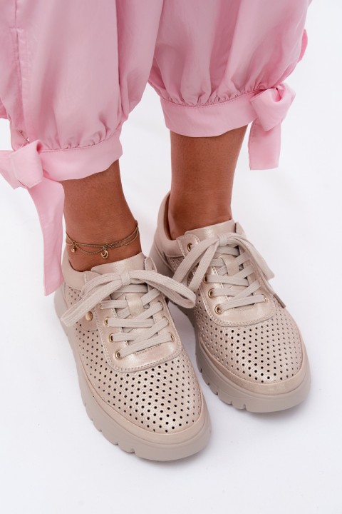 Leather Perforated Women's Shoes Vinceza 79629 Gold