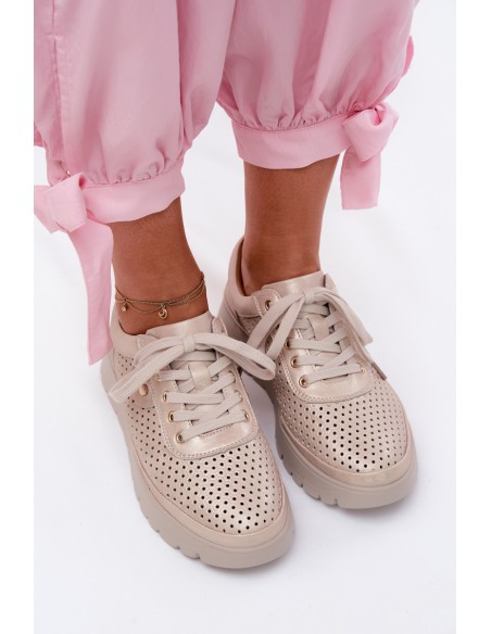 Leather Perforated Women's Shoes Vinceza 79629 Gold