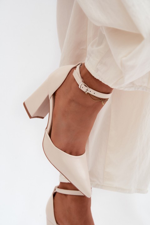 Light Beige Imitation Leather Block Heel Shoes Selvra