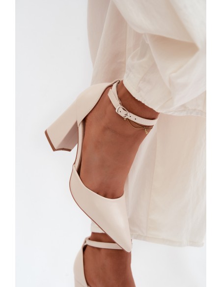 Light Beige Imitation Leather Block Heel Shoes Selvra