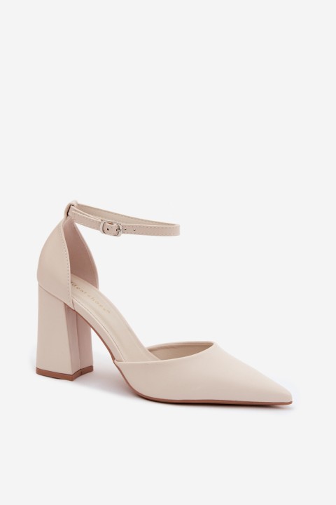 Light Beige Imitation Leather Block Heel Shoes Selvra