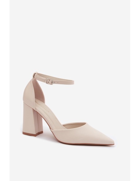 Light Beige Imitation Leather Block Heel Shoes Selvra