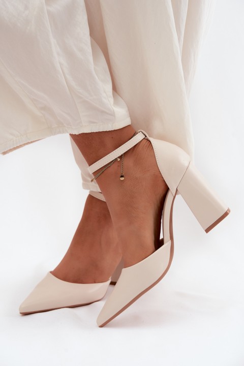 Light Beige Imitation Leather Block Heel Shoes Selvra