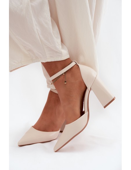 Light Beige Imitation Leather Block Heel Shoes Selvra