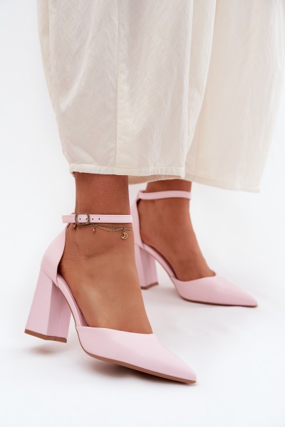 Pink Block Heel Shoes with Faux Leather Selvra