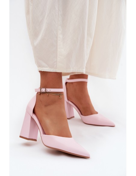 Pink Block Heel Shoes with Faux Leather Selvra