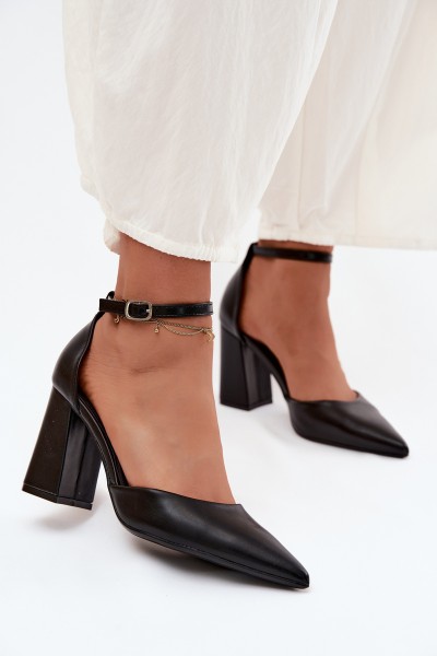 Black Imitation Leather Block Heel Shoes Selvra