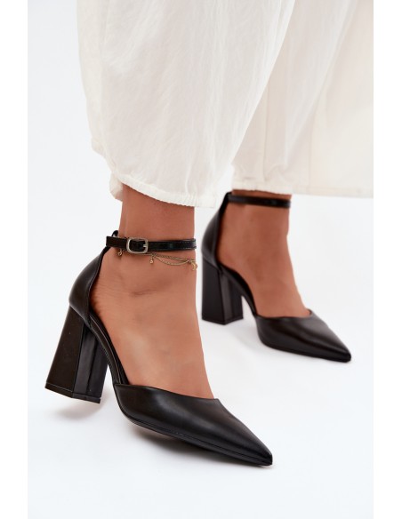 Black Imitation Leather Block Heel Shoes Selvra