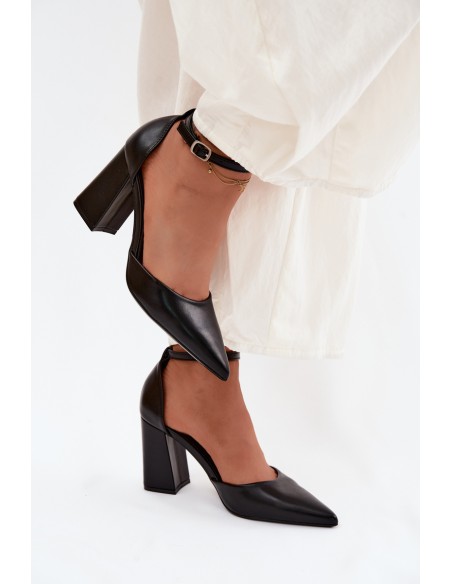 Black Imitation Leather Block Heel Shoes Selvra