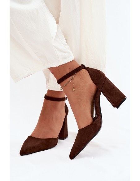 Chocolate Faux Suede Block Heel Shoes Selvra