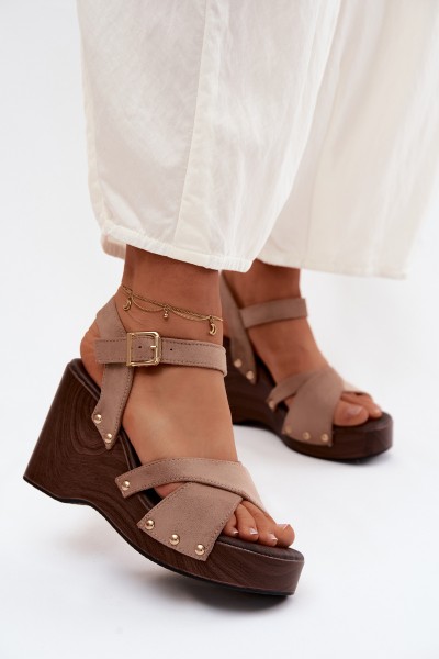 Women's Platform Sandals With Gold Buckles Beige Velvra