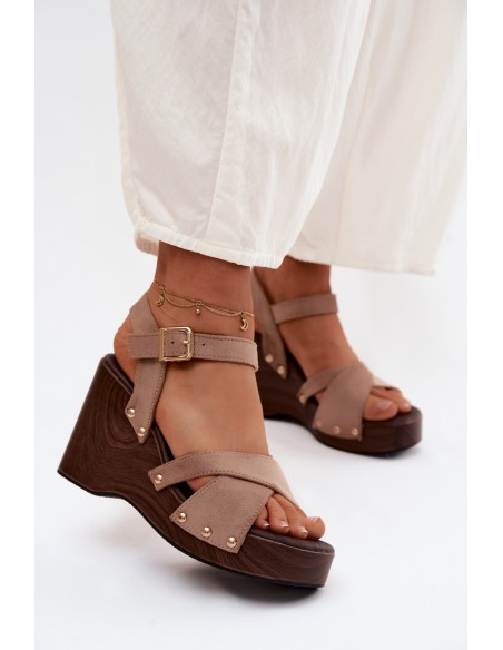 Women's Platform Sandals With Gold Buckles Beige Velvra