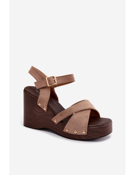 Women's Platform Sandals With Gold Buckles Beige Velvra