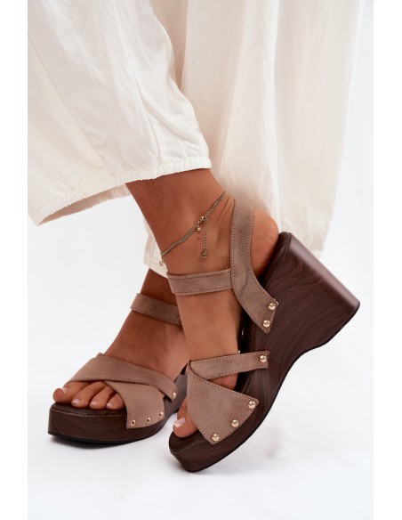Women's Platform Sandals With Gold Buckles Beige Velvra