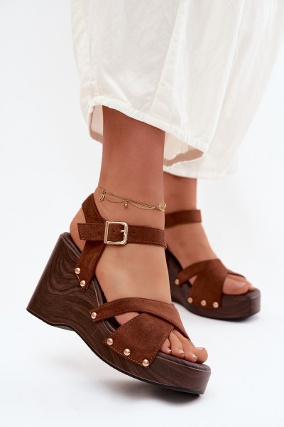 Women's Platform Sandals With Gold Buckles Camel Velvra