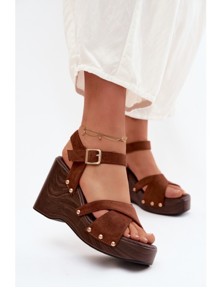 Women's Platform Sandals With Gold Buckles Camel Velvra