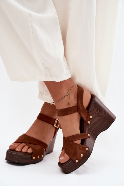 Women's Platform Sandals With Gold Buckles Camel Velvra