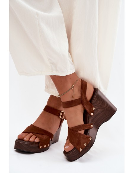 Women's Platform Sandals With Gold Buckles Camel Velvra