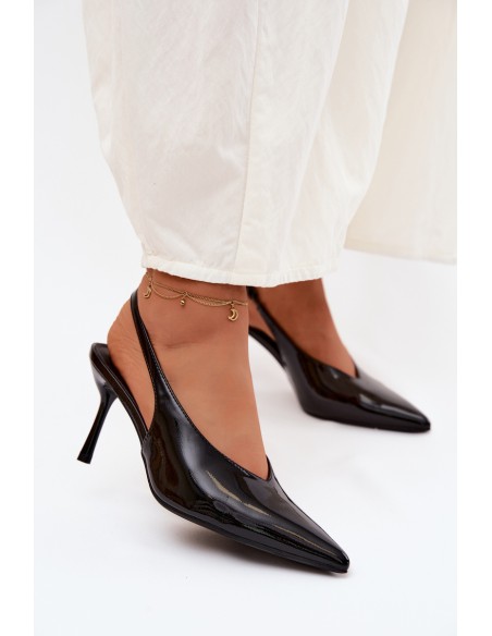 Patent Leather High Heels Sandals Made of Eco Leather Black Norvra