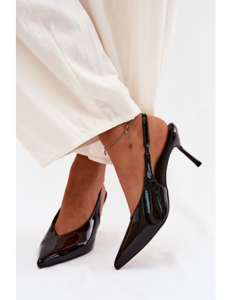 Patent Leather High Heels Sandals Made of Eco Leather Black Norvra