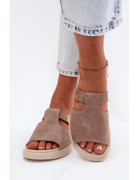 Suede Women's Platform Slides With Gold Buckle Dark Beige Zemela
