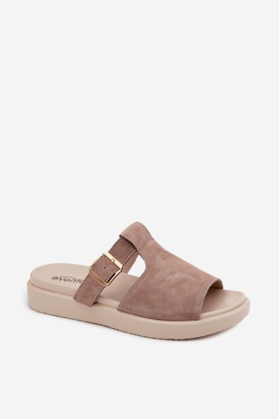 Suede Women's Platform Slides With Gold Buckle Dark Beige Zemela 2