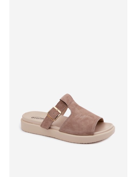 Suede Women's Platform Slides With Gold Buckle Dark Beige Zemela