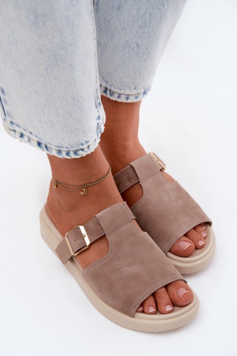 Suede Women's Platform Slides With Gold Buckle Dark Beige Zemela