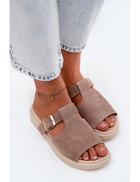 Suede Women's Platform Slides With Gold Buckle Dark Beige Zemela
