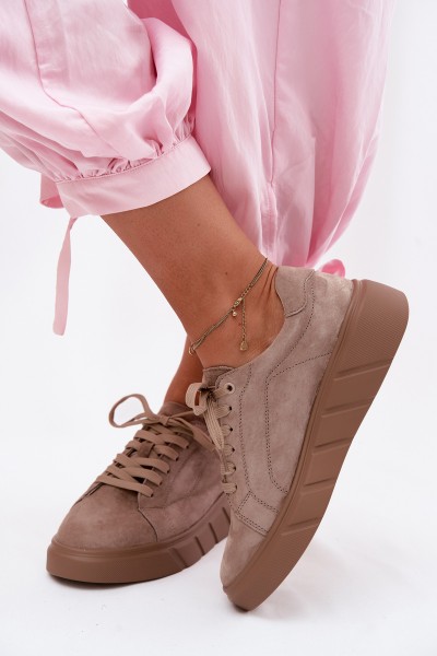 Leather Suede Women's Platform Sneakers Dark Beige Danida