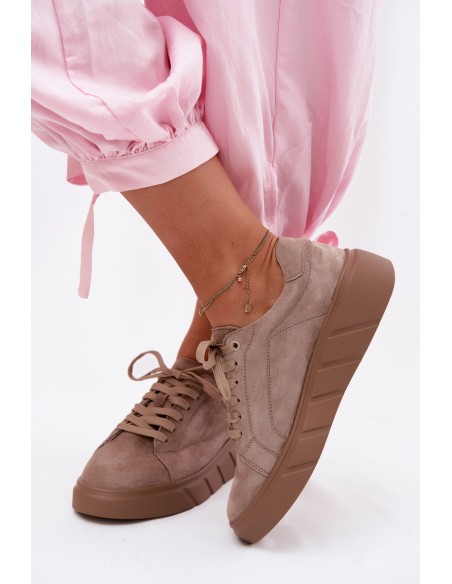 Leather Suede Women's Platform Sneakers Dark Beige Danida