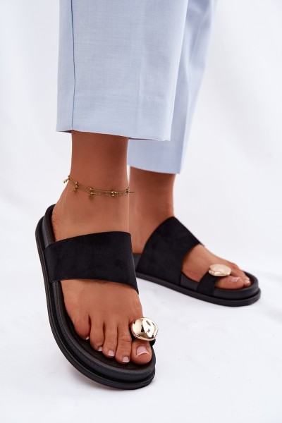 Women's Black Slippers With Gold Detail Felinae