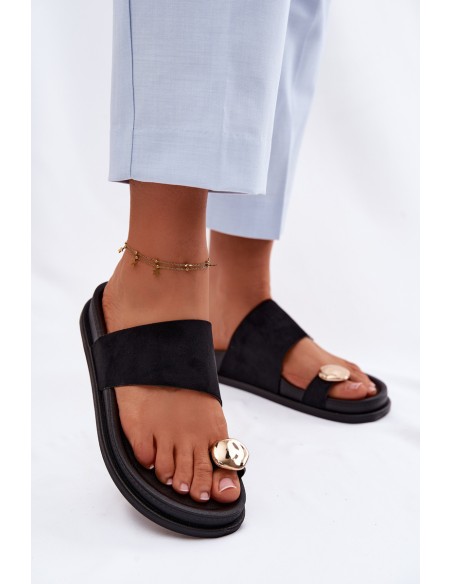 Women's Black Slippers With Gold Detail Felinae