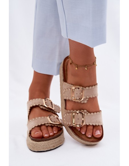Women's Platform Sandals With Woven Details Gold Buckles And Studs Beige