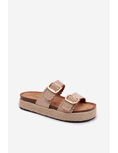 Women's Platform Sandals With Woven Details Gold Buckles And Studs Beige